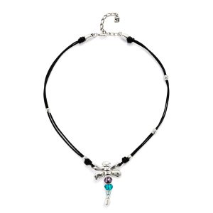 Leather necklace and metal alloy dragonfly plated in sterling silver with multicolor crystals