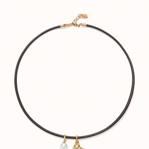 Leather necklace with pearl and heart charms with 18k gold plated alloy metals
