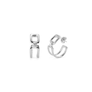 Double hoop earrings of metal alloy plated in sterling silver with white topaz