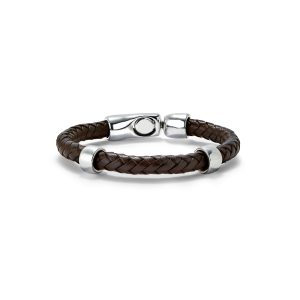 Braided leather bracelet. Closure and 2 circumferences of alloy plated metals sterling silver