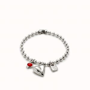 Chain bracelet with two charms and red crystal in metal alloy plated in sterling silver