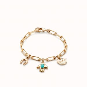 Chain bracelet with 3 charms and turquoise stone in 18k gold plated metal alloy