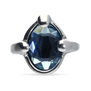 Sterling silver plated metal alloy ring with a blue faceted crystal