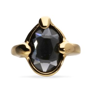 18k gold plated metal alloy ring with a grey faceted crystal