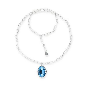 Long necklace of metal alloy plated in sterling silver with a blue faceted crystal