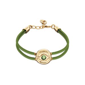 Double green leather bracelet with a metal alloy eye detail pleated in gold 18k crystal