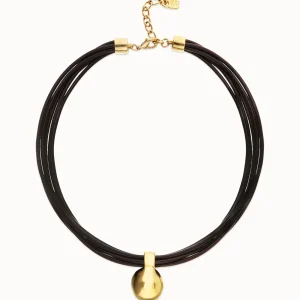 Leather necklace with big 18k gold alloy plated ball