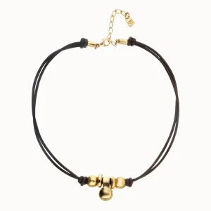 Leather necklace with three 18k gold alloy plated balls