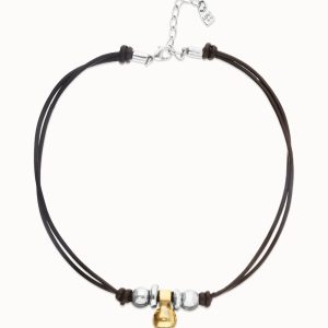 Leather necklace with three mix of silver and 18k gold alloy plated balls
