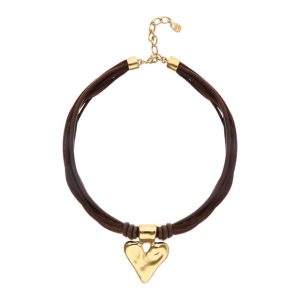 Mixed dark brown silk and leather thread necklace with 18k gold heart detail
