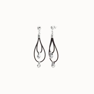 Leather long double earrings with sterling silverplated ball detail