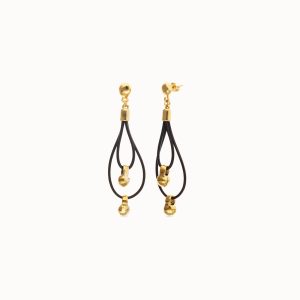 Leather long double earrings with 18k gold plated ball detail