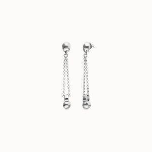 Sterling silver metal alloy earrings with long chain and ball detail