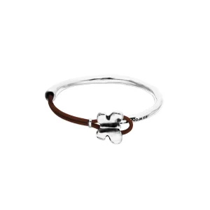Semi-rigid bracelet plated in sterling silver with white leather threat and butterfly