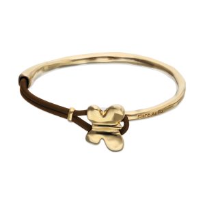 Semi-rigid bracelet plated in 18k gold with brown leather threat and butterfly