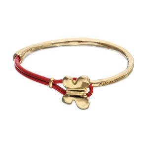 Semi-rigid red leather  bracelet with butterfly plated in 18k gold