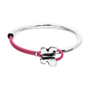 Semi-rigid bracelet plated in sterling silver with pink leather threat and butterfly