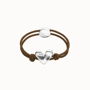 Brown elastic thread sterling silver plated bracelet with heart