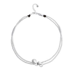 Sterling silver plated metal alloy bead neckalce with two drops in silver