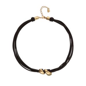 Leather necklace with two drops plated in gold