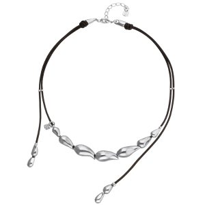 Leather necklace with drops plated in silver